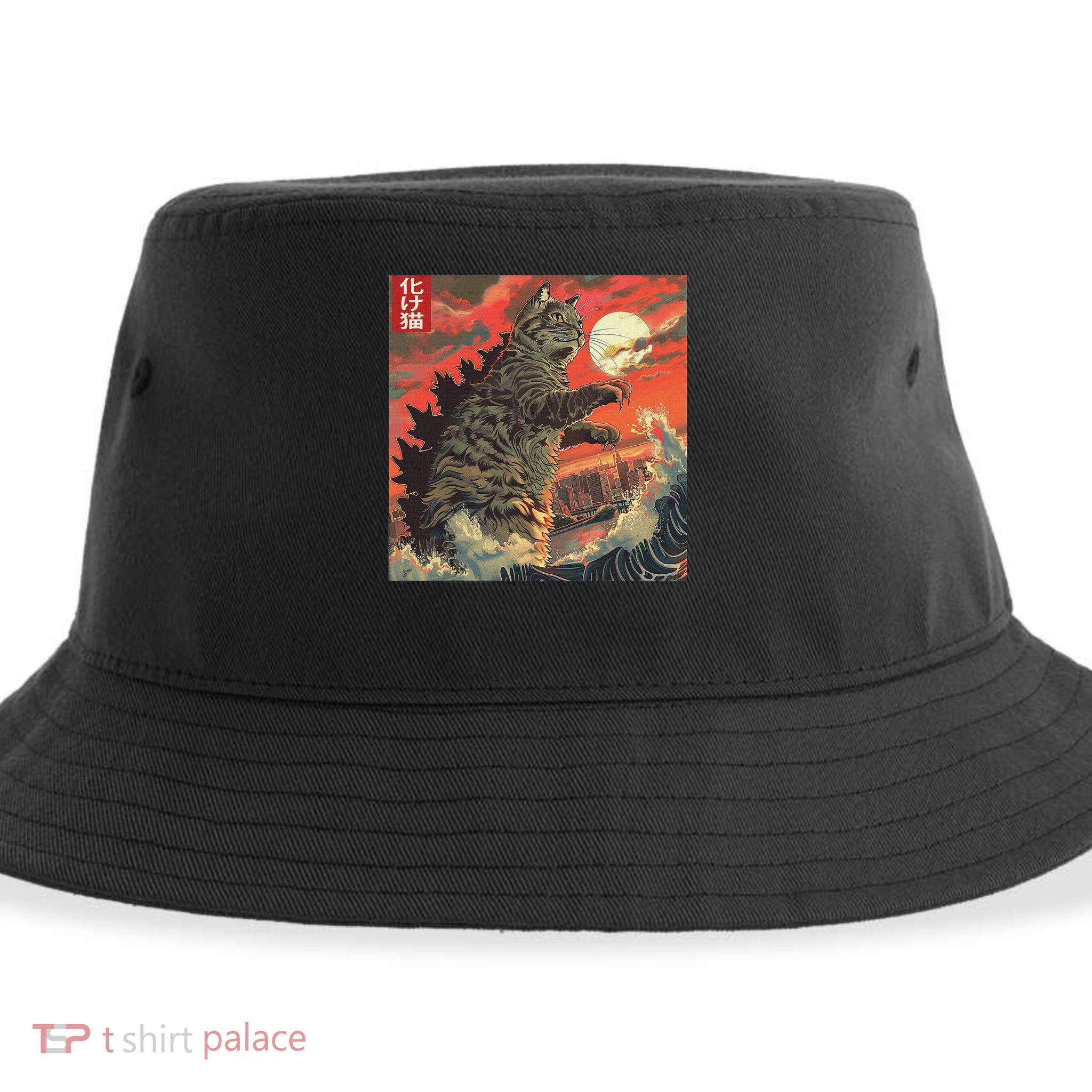 Catzilla Attacking Japan Funny Cute Cat Anime Style Sustainable Bucket Hat