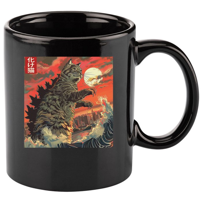 Catzilla Attacking Japan Funny Cute Cat Anime Style 11oz C Handle Ceramic Mug