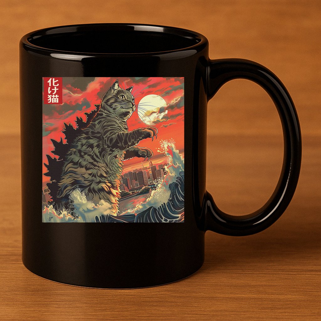 Catzilla Attacking Japan Funny Cute Cat Anime Style 11oz C Handle Ceramic Mug