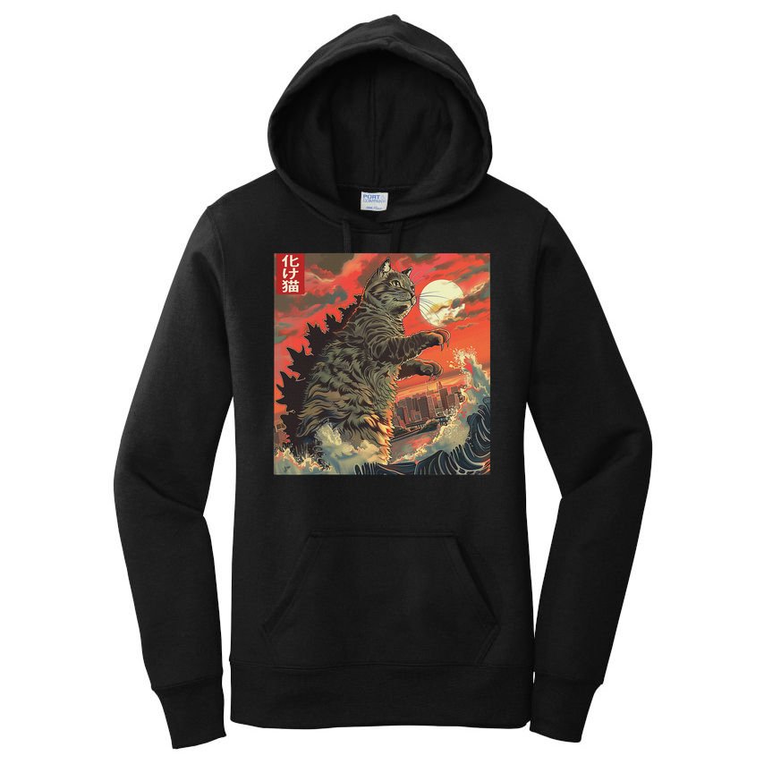 Catzilla Attacking Japan Funny Cute Cat Anime Style Women's Pullover Hoodie