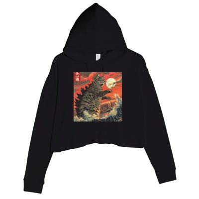 Catzilla Attacking Japan Funny Cute Cat Anime Style Crop Fleece Hoodie
