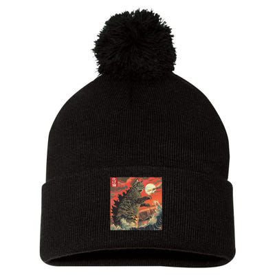 Catzilla Attacking Japan Funny Cute Cat Anime Style Pom Pom 12in Knit Beanie