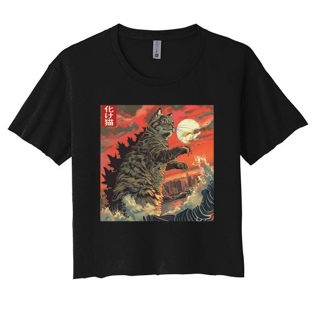Catzilla Attacking Japan Funny Cute Cat Anime Style Women's Crop Top Tee