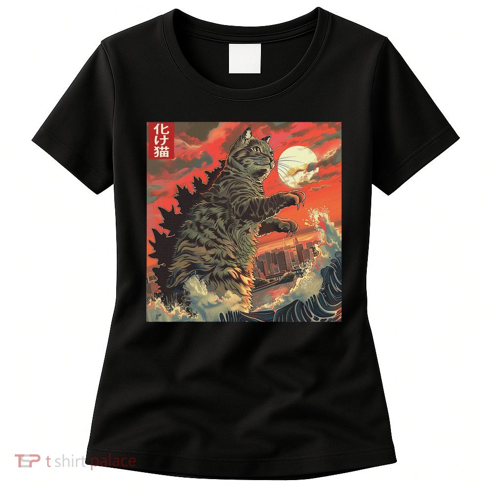 Catzilla Attacking Japan Funny Cute Cat Anime Style Womens T-Shirt