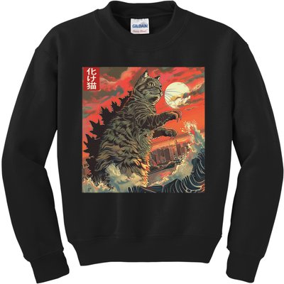 Catzilla Attacking Japan Funny Cute Cat Anime Style Kids Sweatshirt
