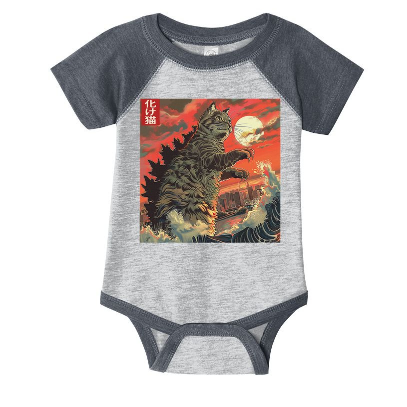 Catzilla Attacking Japan Funny Cute Cat Anime Style Infant Baby Jersey Bodysuit