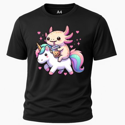 Cute Anime Kawaii Axolotl Riding A Unicorn And Drinking Boba  Performance Shirt