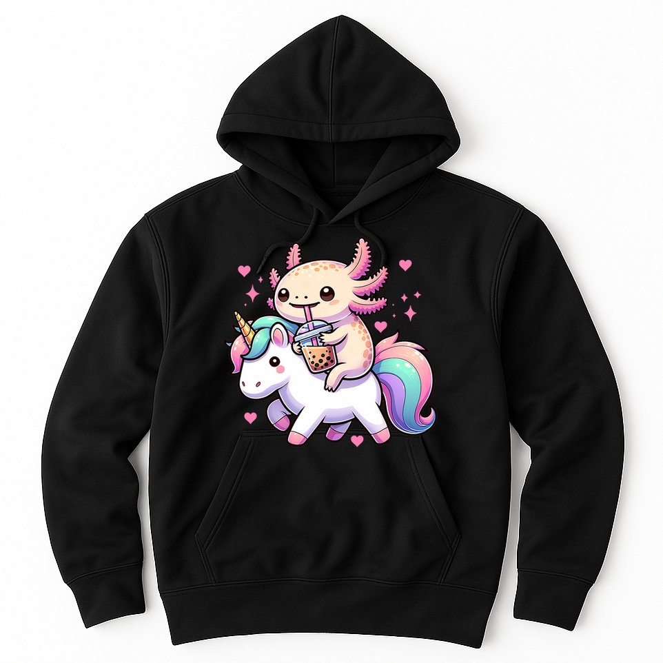 Cute Anime Kawaii Axolotl Riding A Unicorn And Drinking Boba  Hoodie