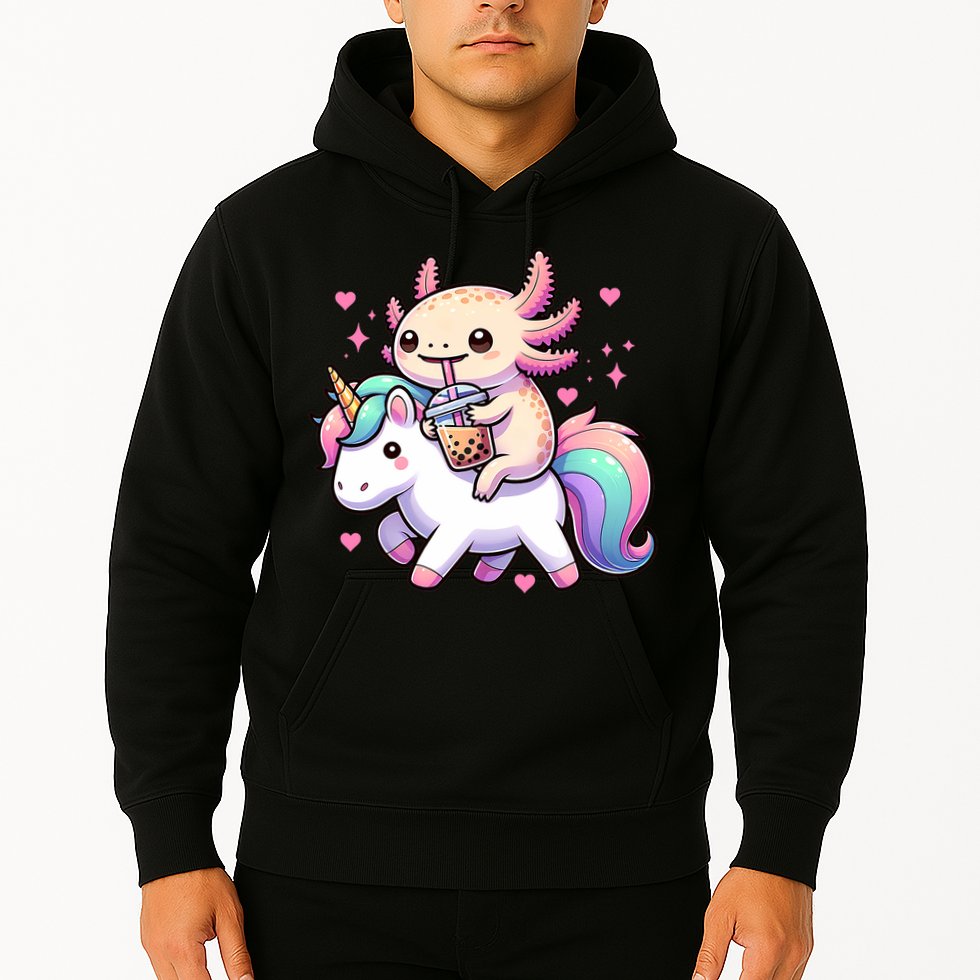 Cute Anime Kawaii Axolotl Riding A Unicorn And Drinking Boba  Hoodie