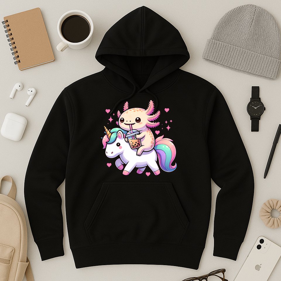 Cute Anime Kawaii Axolotl Riding A Unicorn And Drinking Boba  Hoodie