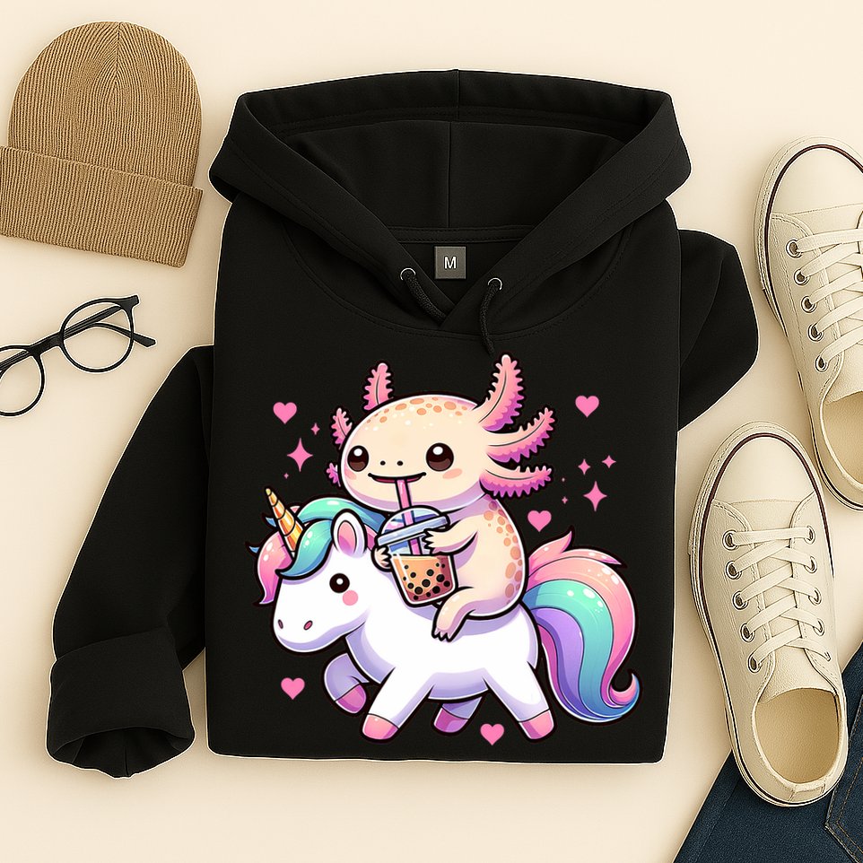Cute Anime Kawaii Axolotl Riding A Unicorn And Drinking Boba  Hoodie