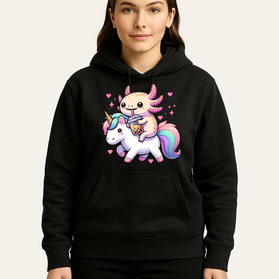 Cute Anime Kawaii Axolotl Riding A Unicorn And Drinking Boba  Hoodie