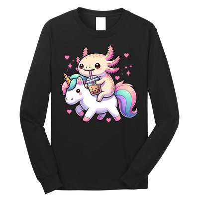 Cute Anime Kawaii Axolotl Riding A Unicorn And Drinking Boba  Long Sleeve Shirt