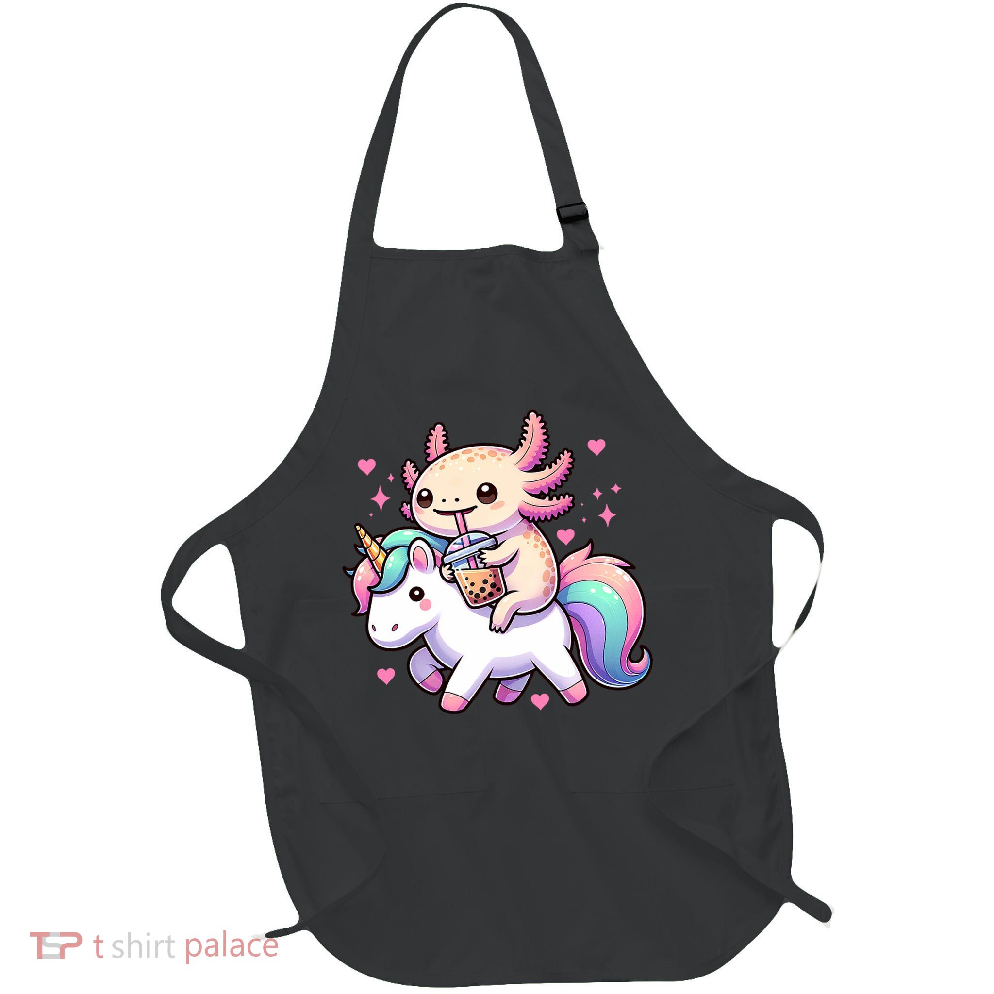 Cute Anime Kawaii Axolotl Riding A Unicorn And Drinking Boba  Apron
