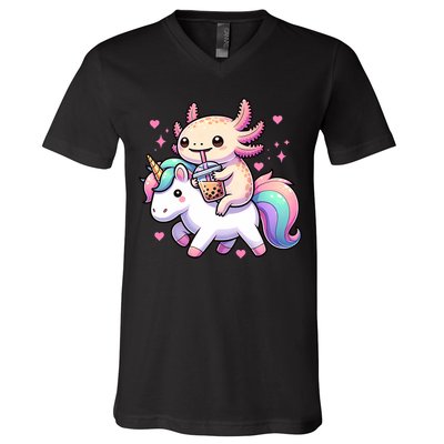 Cute Anime Kawaii Axolotl Riding A Unicorn And Drinking Boba  V-Neck T-Shirt