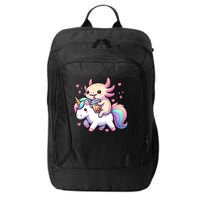 Cute Anime Kawaii Axolotl Riding A Unicorn And Drinking Boba  City Backpack