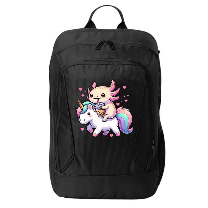 Cute Anime Kawaii Axolotl Riding A Unicorn And Drinking Boba  City Backpack