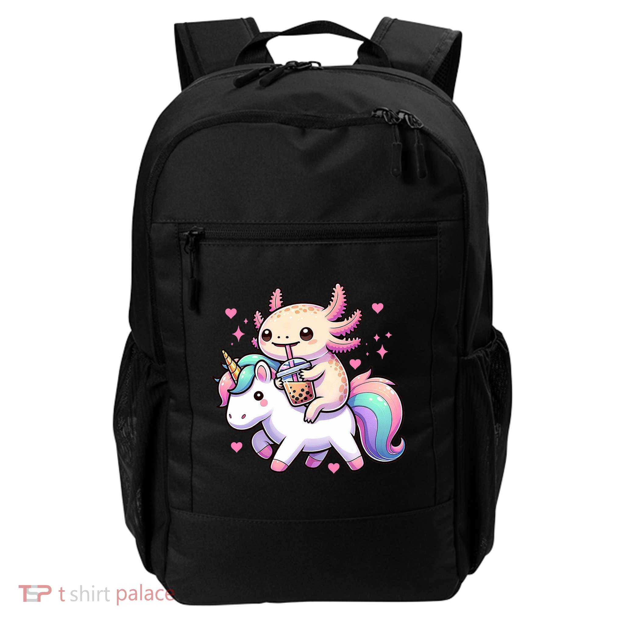 Cute Anime Kawaii Axolotl Riding A Unicorn And Drinking Boba  Backpack