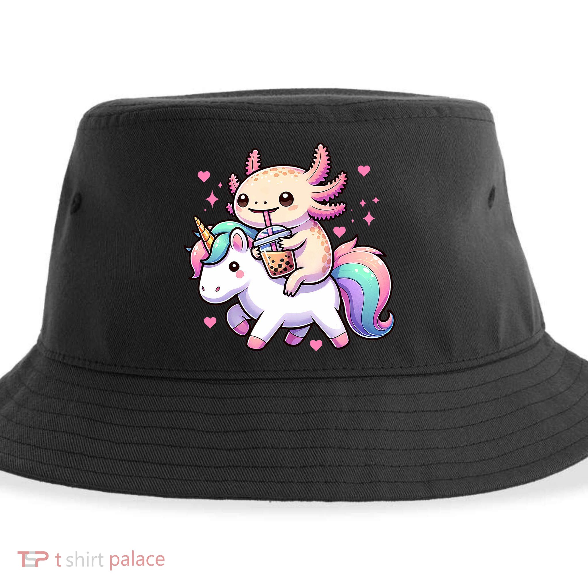 Cute Anime Kawaii Axolotl Riding A Unicorn And Drinking Boba  Sustainable Bucket Hat