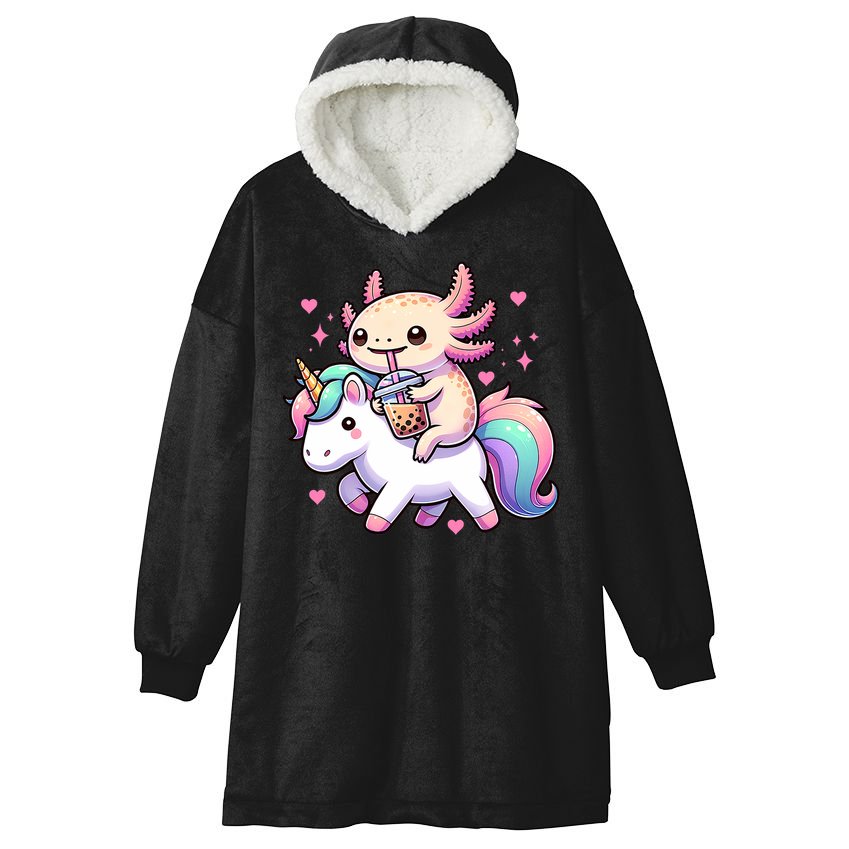 Cute Anime Kawaii Axolotl Riding A Unicorn And Drinking Boba  Hooded Wearable Blanket