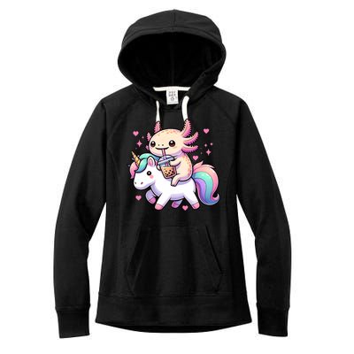 Cute Anime Kawaii Axolotl Riding A Unicorn And Drinking Boba  Women's Fleece Hoodie