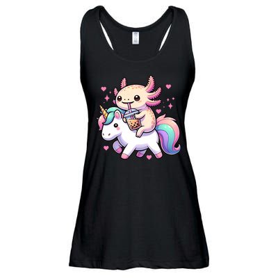 Cute Anime Kawaii Axolotl Riding A Unicorn And Drinking Boba  Ladies Essential Flowy Tank