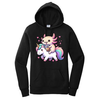 Cute Anime Kawaii Axolotl Riding A Unicorn And Drinking Boba  Women's Pullover Hoodie