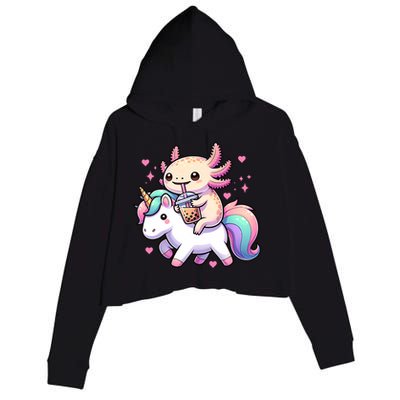 Cute Anime Kawaii Axolotl Riding A Unicorn And Drinking Boba  Crop Fleece Hoodie