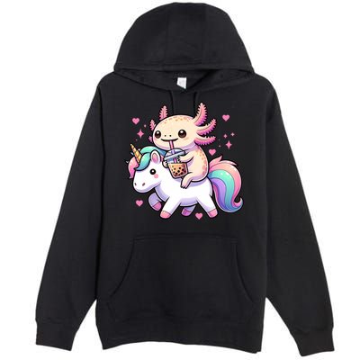 Cute Anime Kawaii Axolotl Riding A Unicorn And Drinking Boba  Premium Pullover Hoodie