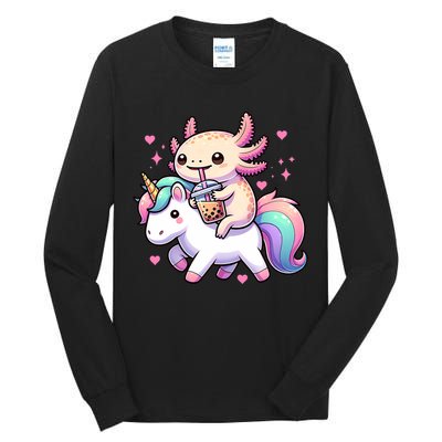 Cute Anime Kawaii Axolotl Riding A Unicorn And Drinking Boba  Tall Long Sleeve T-Shirt
