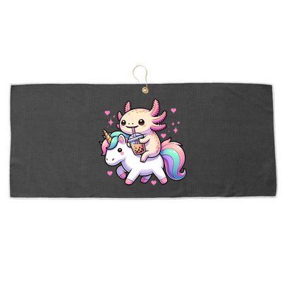 Cute Anime Kawaii Axolotl Riding A Unicorn And Drinking Boba  Large Microfiber Waffle Golf Towel