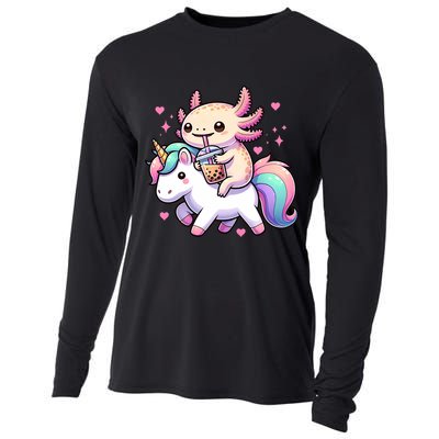 Cute Anime Kawaii Axolotl Riding A Unicorn And Drinking Boba  Cooling Performance Long Sleeve Crew