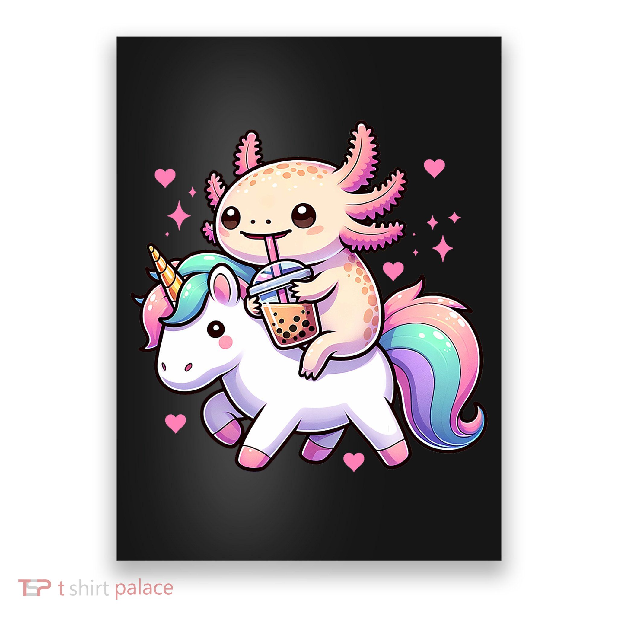 Cute Anime Kawaii Axolotl Riding A Unicorn And Drinking Boba  Poster