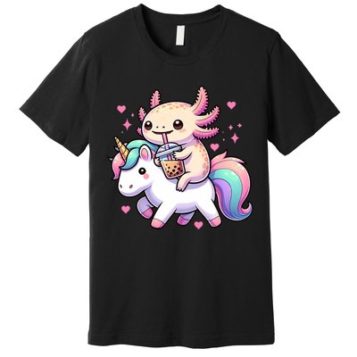Cute Anime Kawaii Axolotl Riding A Unicorn And Drinking Boba  Premium T-Shirt