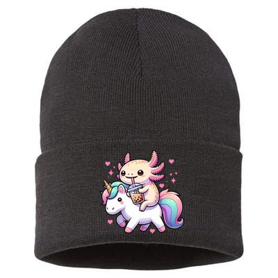 Cute Anime Kawaii Axolotl Riding A Unicorn And Drinking Boba  Sustainable Knit Beanie
