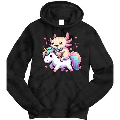 Cute Anime Kawaii Axolotl Riding A Unicorn And Drinking Boba  Tie Dye Hoodie