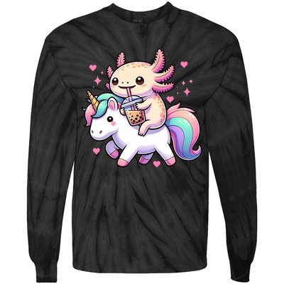 Cute Anime Kawaii Axolotl Riding A Unicorn And Drinking Boba  Tie-Dye Long Sleeve Shirt