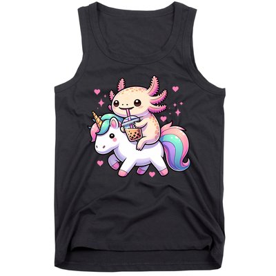 Cute Anime Kawaii Axolotl Riding A Unicorn And Drinking Boba  Tank Top