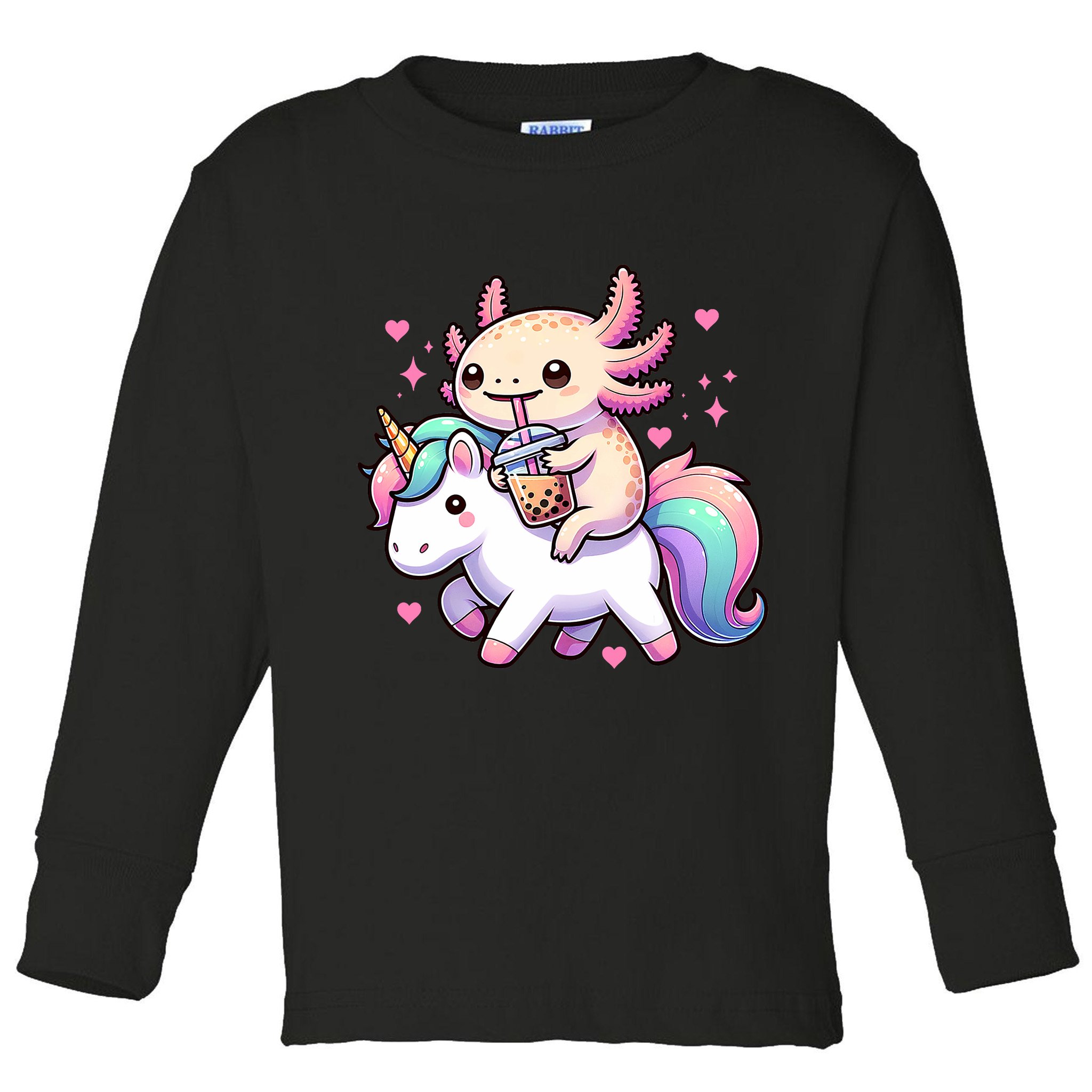 Cute Anime Kawaii Axolotl Riding A Unicorn And Drinking Boba  Toddler Long Sleeve Shirt