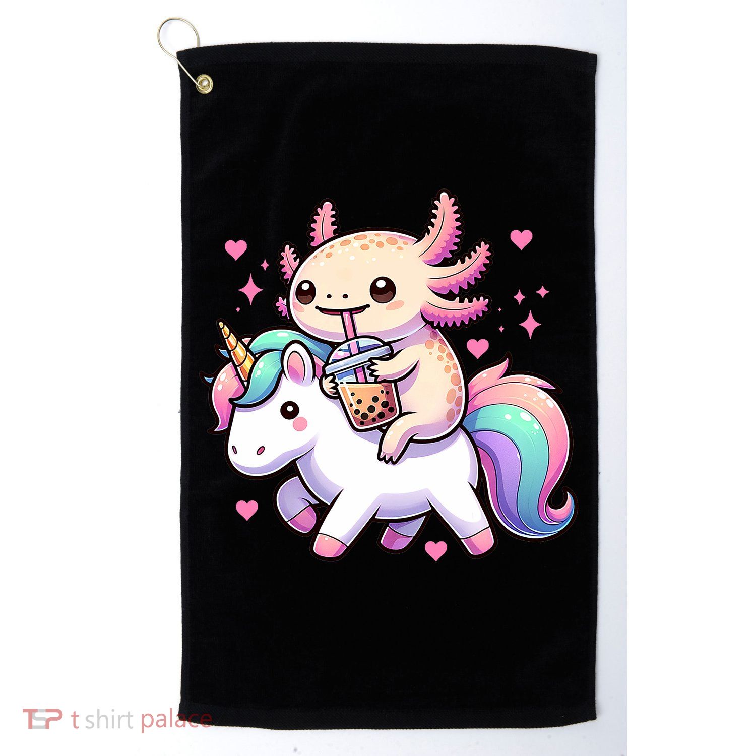 Cute Anime Kawaii Axolotl Riding A Unicorn And Drinking Boba  Golf Towel