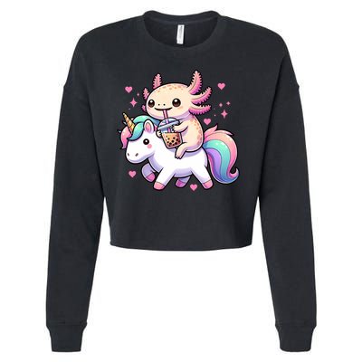 Cute Anime Kawaii Axolotl Riding A Unicorn And Drinking Boba  Cropped Pullover Crew