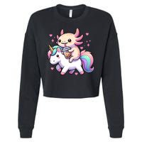Cute Anime Kawaii Axolotl Riding A Unicorn And Drinking Boba  Cropped Pullover Crew
