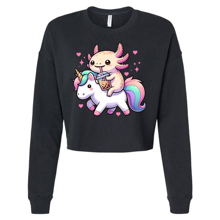 Cute Anime Kawaii Axolotl Riding A Unicorn And Drinking Boba  Cropped Pullover Crew