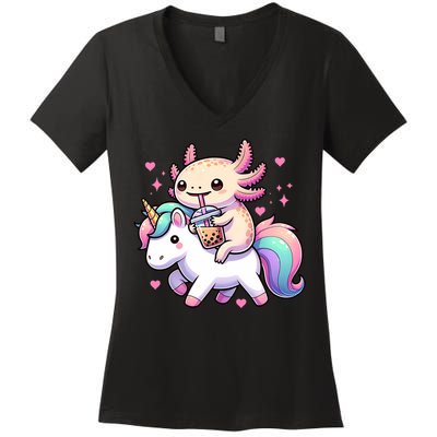 Cute Anime Kawaii Axolotl Riding A Unicorn And Drinking Boba  Women's V-Neck T-Shirt