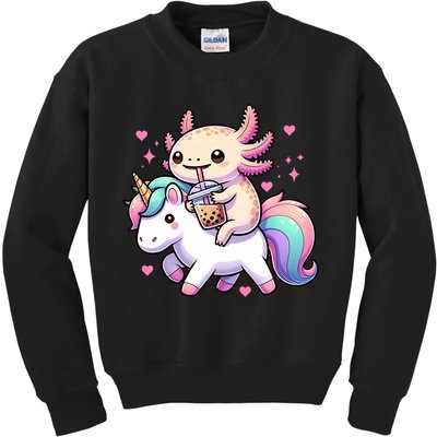Cute Anime Kawaii Axolotl Riding A Unicorn And Drinking Boba  Kids Sweatshirt