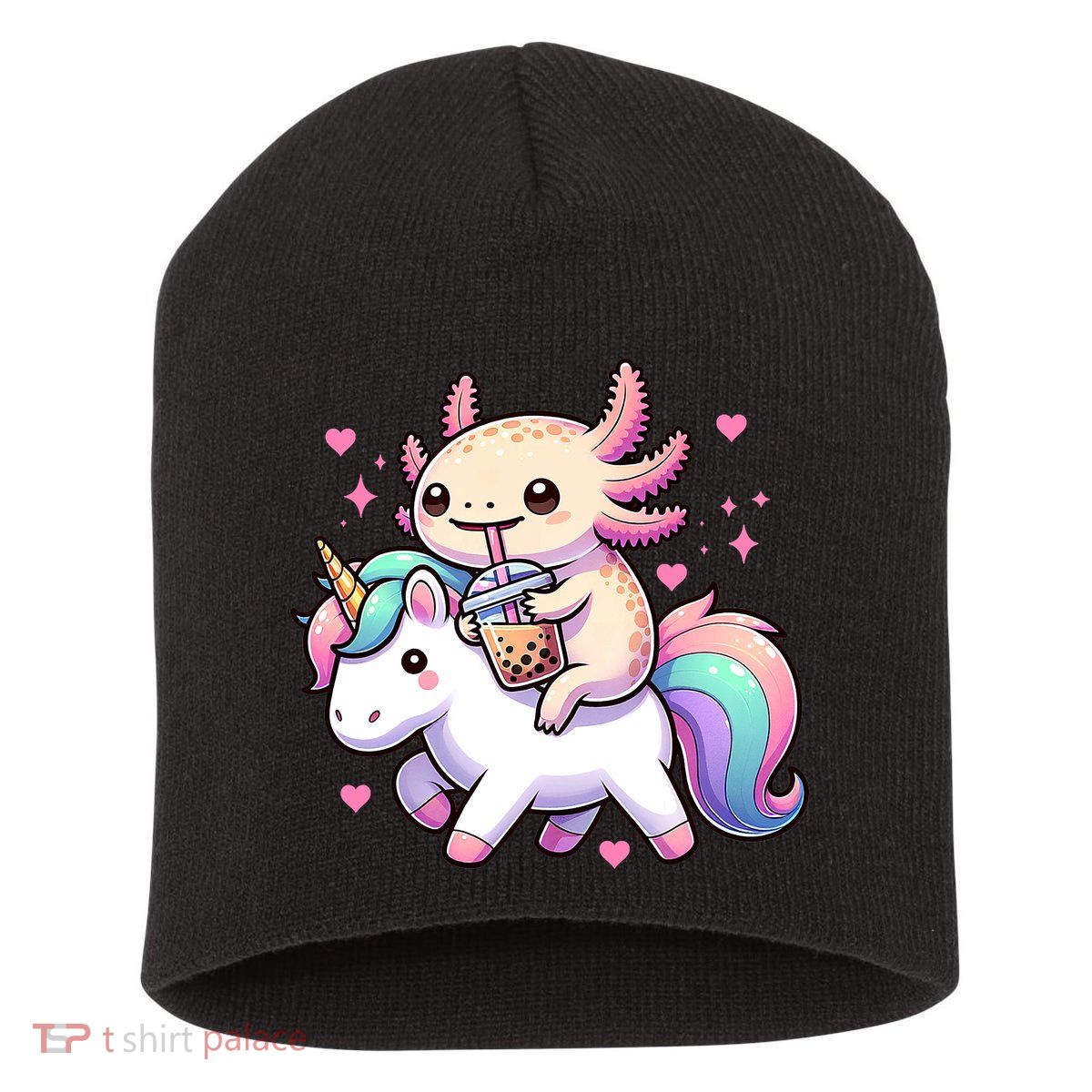 Cute Anime Kawaii Axolotl Riding A Unicorn And Drinking Boba  Short Acrylic Beanie