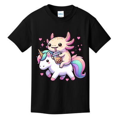 Cute Anime Kawaii Axolotl Riding A Unicorn And Drinking Boba  Kids T-Shirt