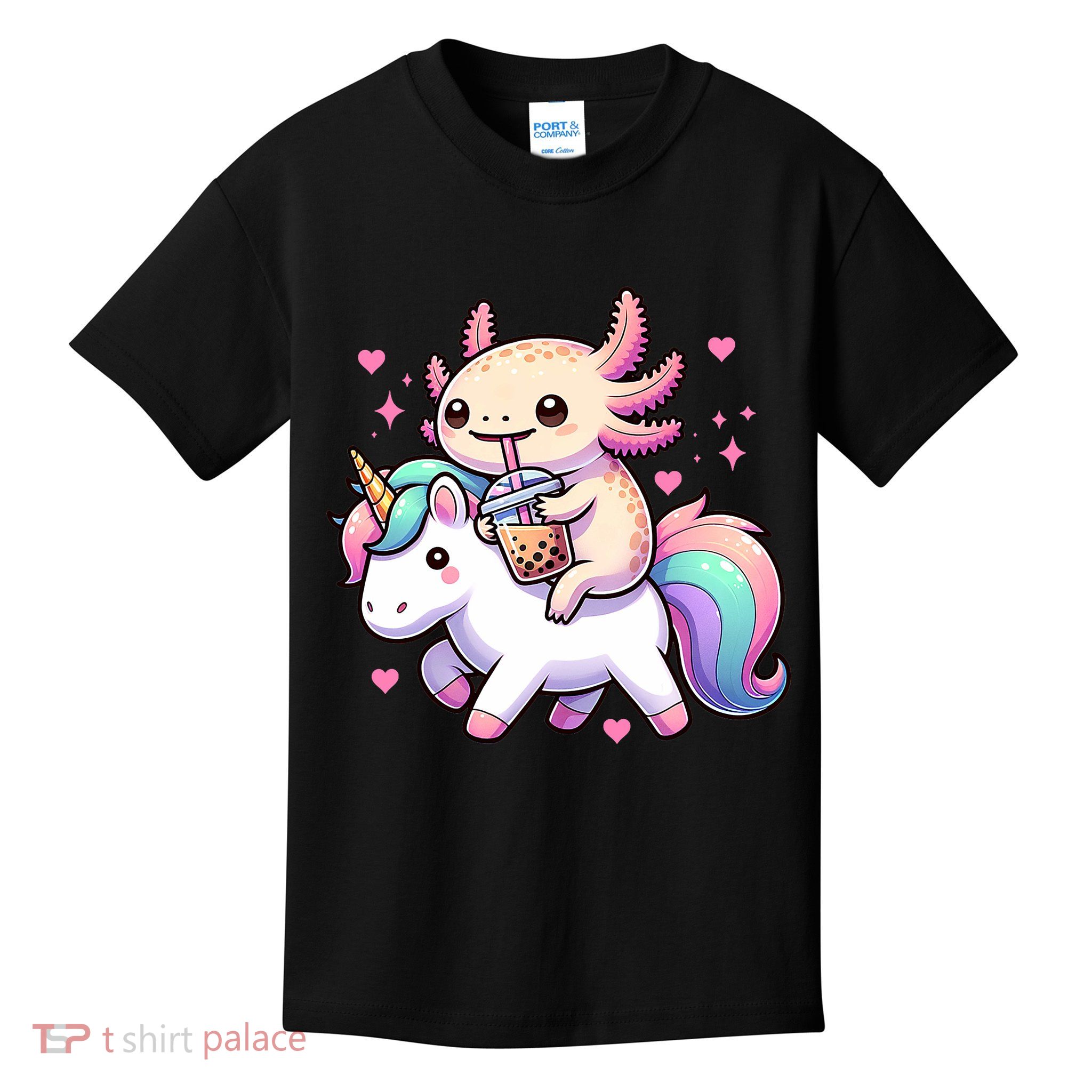 Cute Anime Kawaii Axolotl Riding A Unicorn And Drinking Boba  Kids T-Shirt
