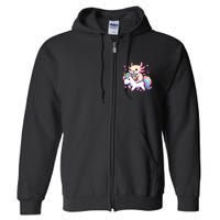 Cute Anime Kawaii Axolotl Riding A Unicorn And Drinking Boba  Full Zip Hoodie