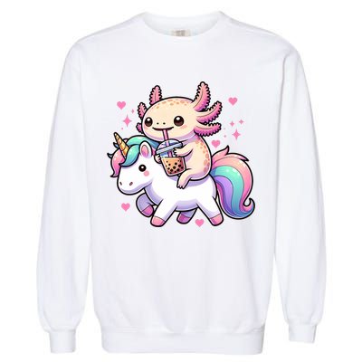 Cute Anime Kawaii Axolotl Riding A Unicorn And Drinking Boba  Garment-Dyed Sweatshirt